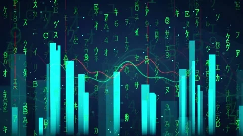 Futuristic Financial Chart with Glowing Bar Graphs and Digital Japanese Stock Footage 341071388
