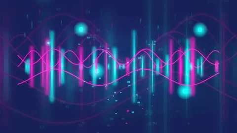 Futuristic Financial Trading Chart with Neon Candlesticks Trend Lines and Data Stock Footage 341072287