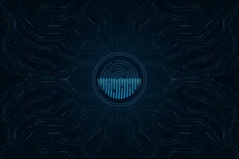 Futuristic fingerprint biometric data security. Big data CPU. Glowing blue HU Stock Illustration