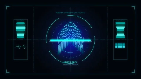 Futuristic fingerprint scanner hud loop in blue cybersecurity display Stock Footage 346547319