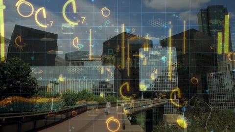 Futuristic Fintech Data Over Corporate Buildings Stock-Footage 336915865