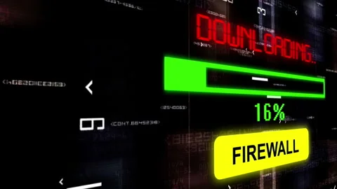 Futuristic Firewall Cybersecurity Concept with Neon Digital Interface and Dat Stock Footage 346186210