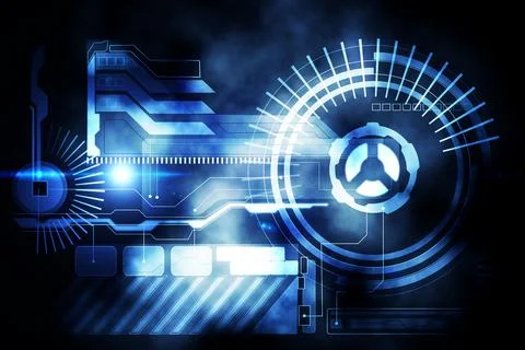 Futuristic flat digital interface is glowing over smoky backdrop, featuring Stock Photos