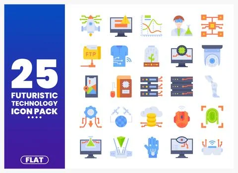 Futuristic flat technology icons in a clean design against a gradient backg.. Stock Illustration