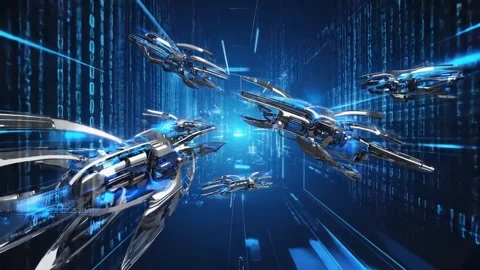 Futuristic fleet of sleek silver and blue advanced spacecraft navigating a .. Stock Footage 321340533