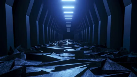 Futuristic flight over the concrete ruins illuminated by blue lamps Stock-Footage 198701971