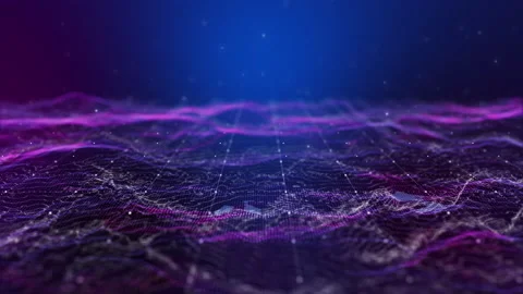 Futuristic flight through a digital line landscape, purple dust particle. Stock Footage 204803039