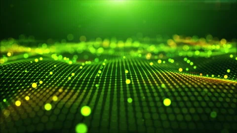 Futuristic flight through a digital line landscape, Green dust particle. Stock Footage 229549038