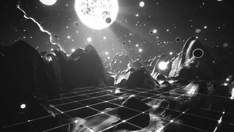 Futuristic flight through trippy dream, landscape seamless loop. High quality VJ Illustrazione stock