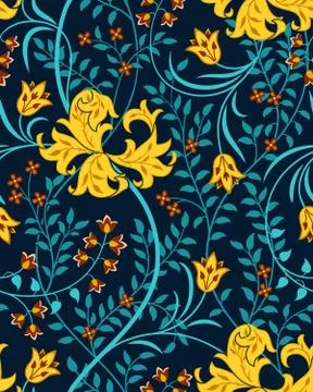 Futuristic floral seamless pattern with big flowers, tulips and foliage on dark Stock Illustration