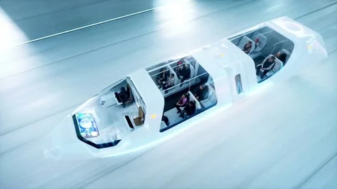 Futuristic flying bus with peoples fast driving in sci fi tunnel, coridor. Conce Stock Footage 79928609