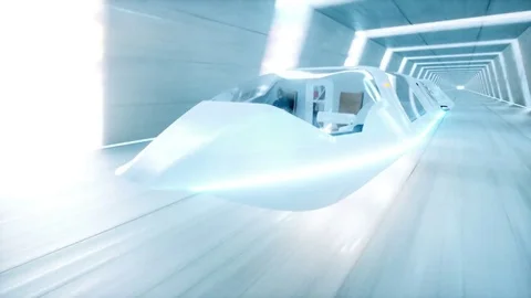 Futuristic flying bus with peoples fast driving in sci fi tunnel, coridor. Stock-Footage 79942167