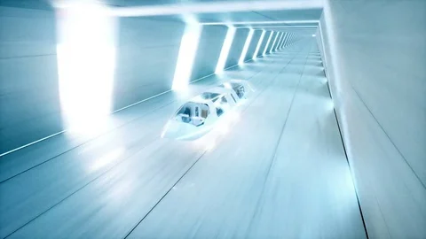 Futuristic flying bus with peoples fast driving in sci fi tunnel, coridor. Stockbeeldmateriaal 79946622