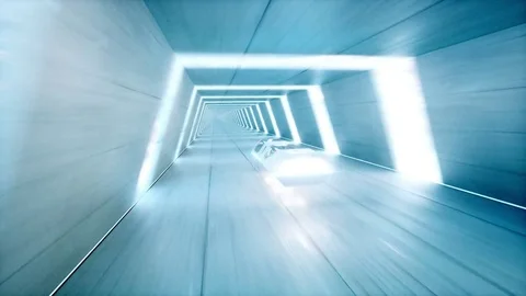 Futuristic flying bus with peoples fast driving in sci fi tunnel, coridor. Stock-Footage 79972386