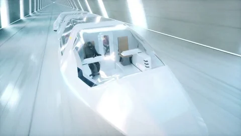 Futuristic flying bus with peoples fast driving in sci fi tunnel, coridor. Video stock 79975692