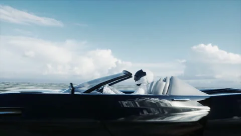 Futuristic flying car with 3d model woman fast driving in desert. Concept of Vidéo 89997119