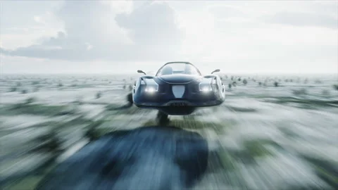 Futuristic flying car with 3d model woman fast driving in desert. Concept of Stock-Footage 89997659