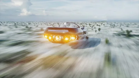 Futuristic flying car with 3d model woman fast driving in desert. Concept of Stock Footage 89998071