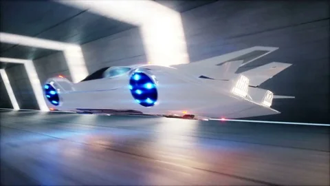 Futuristic flying car fast driving in sci fi tunnel, coridor. Concept of future. Stockbeeldmateriaal 79908488