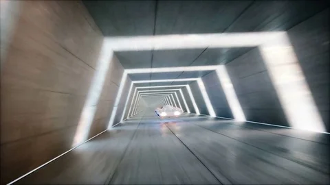 Futuristic flying car fast driving in sci fi tunnel, coridor. Concept of future. Vídeos de archivo 79910592