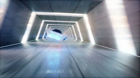 Futuristic flying car fast driving in sci fi tunnel, coridor. Concept of future. 스톡 동영상 79914552