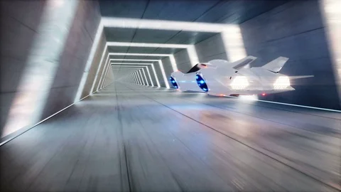 Futuristic flying car fast driving in sci fi tunnel, coridor. Stockbeeldmateriaal 79936783