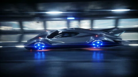 Futuristic flying car fast driving in sci fi tunnel, coridor. Concept of future Vidéo 108470504