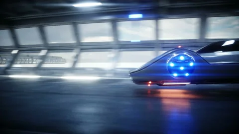 Futuristic flying car fast driving in sci fi tunnel, coridor. Concept of future Video stock 108472775