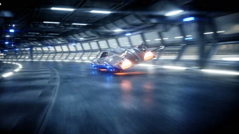 Futuristic flying car fast driving in sci fi tunnel, coridor. Concept of future Video stock 108473066