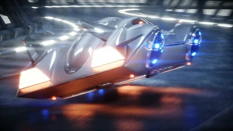 Futuristic flying car fast driving in sci fi tunnel, coridor. Concept of future Stock Footage 108474186