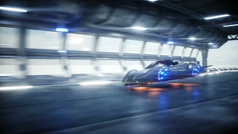 Futuristic flying car fast driving in sci fi tunnel, coridor. Concept of future Stock Footage 108474710