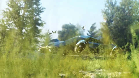 Futuristic flying car in forest. Concept of future. Realistic 4k animation. Видео 132684210