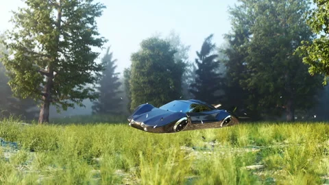Futuristic flying car in forest. Concept of future. Realistic 4k animation. Stockbeeldmateriaal 132684340
