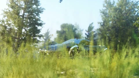 Futuristic flying car in forest. Concept of future. Realistic 4k animation. Stock Footage 132686346
