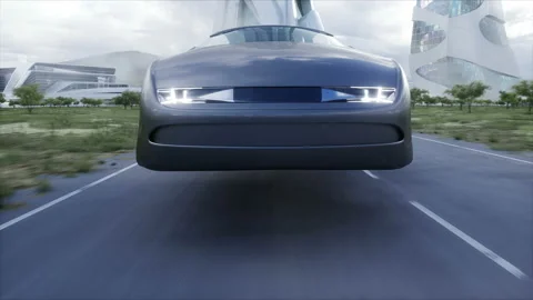 Futuristic flying car very fast driving on highway. Futuristic city concept Vídeos de archivo 202105024