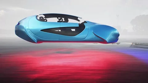 Futuristic flying car very fast driving on desert stone highway. Vidéo 304691916