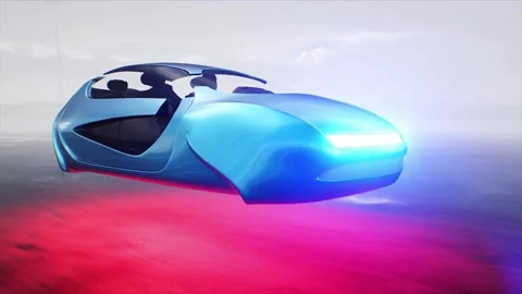 Futuristic flying car very fast driving on desert stone highway. 库存影片 304692020