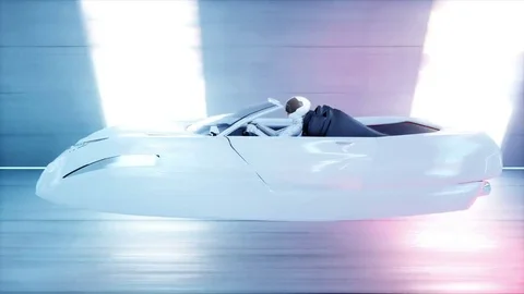 Futuristic flying car with woman fast driving in sci fi tunnel, coridor. Stock Footage