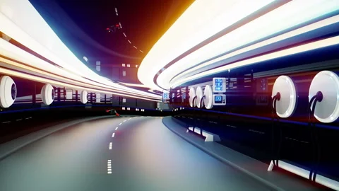 Futuristic flying cars with futuristic police in sci fi tunnel. Loopable. Stock Footage