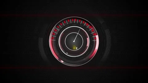 Futuristic fuel meter interface visual red circular rings, white needle, dark Stock Footage 340479849