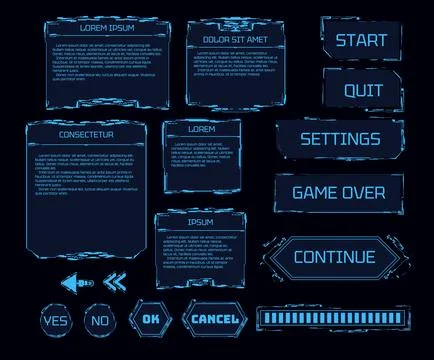 Futuristic game frames and buttons set, realistic vector illustration isolated. Illustrazione stock