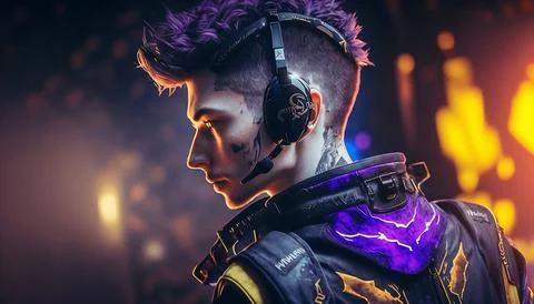 Futuristic Gamer using gaming headset with neon lights Illustrazione stock