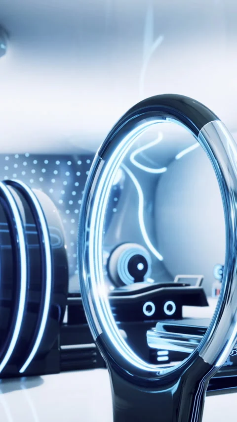 Futuristic gaming arcade with glowing circles and sleek designs Stock Footage 334208546