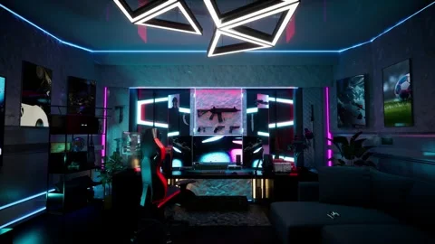 Futuristic Gaming Room or E-sports Setup with Neon Lighting Stock Footage 316456253