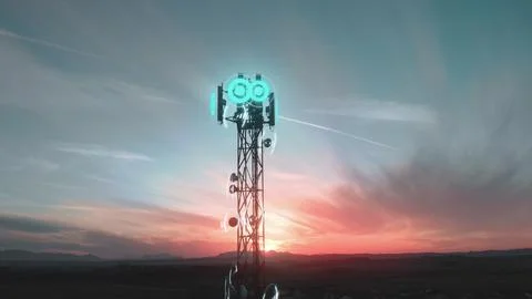 Futuristic generation of 5G wireless connection on microwave antenna background Stock Photos