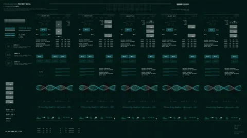 Futuristic Genetic Analysis Laboratory Interface Scanning Human DNA Strands Stock Footage 201050356