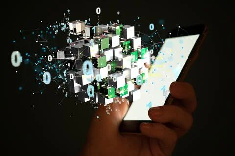 Futuristic geometric binary code design near a phone screen Foto stock