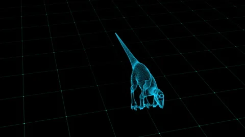 Futuristic Geometric Dinosaur in Virtual Grid Environment with Blue Neon Hi.. Video stock 342376031