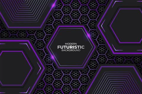 Futuristic Geometric with Hexagon Shape Glowing Purple and Dark Background Stock Illustration