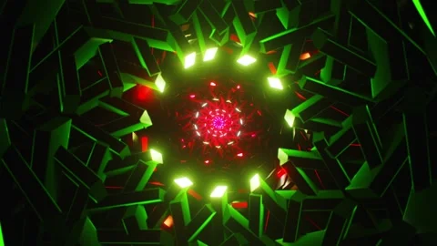 Futuristic Geometric Kaleidoscope Tunnel Loop with Red and Green Glowing Light S Stock Footage 346537805